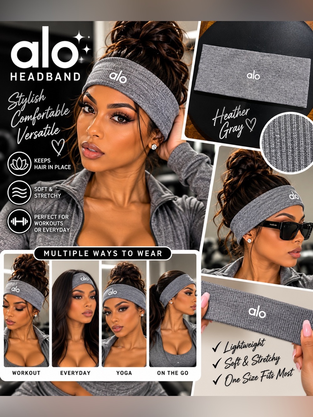 ALO Yoga Heather Gray Stretch Headband - Soft Athletic Hair Accessory
